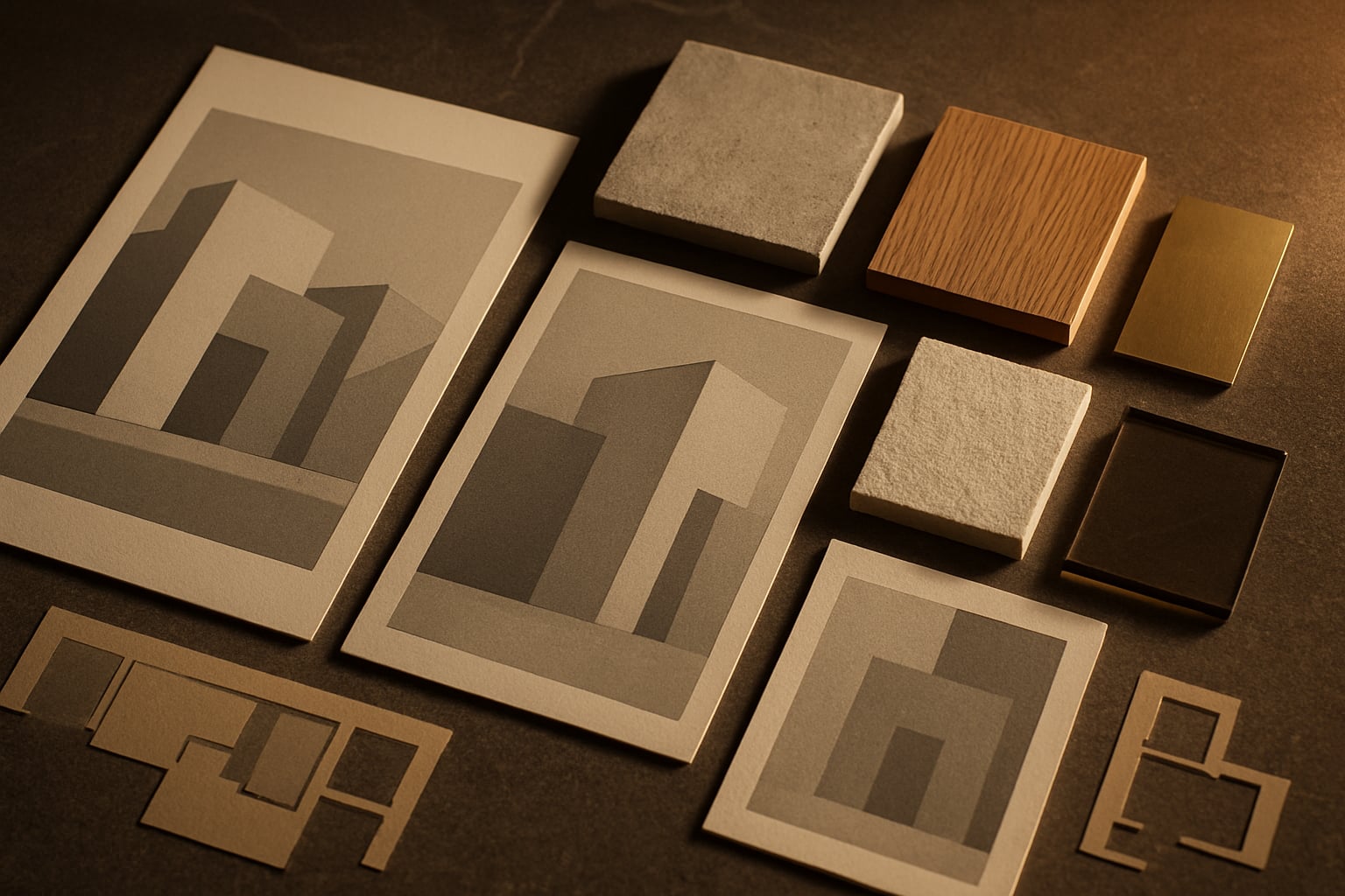 Architectural prompt board with interior concept panels and material swatches